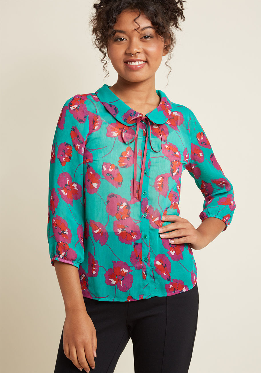  - If you think your debut wear of this lilac button up is going to be its best, then we have news - every wear feels just as great! This clip-dotted blouse from our ModCloth namesake label keeps every flaunt feeling like the first with its grosgrain necklin