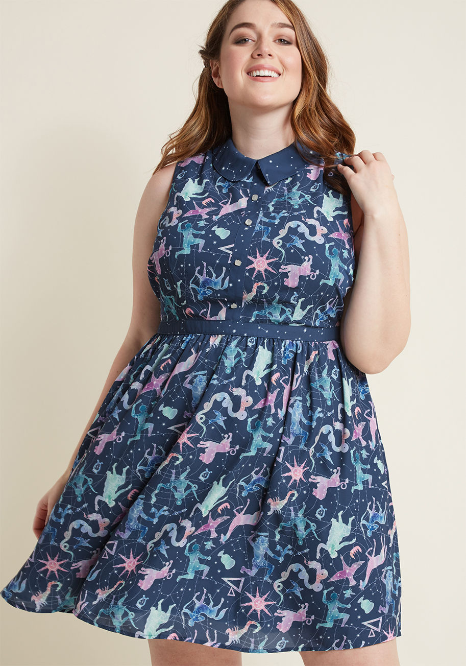  - If you're delighted by this midnight blue shirt dress, you're not alone. Part of our ModCloth namesake label and decorated with starry contrast trim, square faux buttons, and an exquisite hand-drawn print depicting the physical form of the constellations 