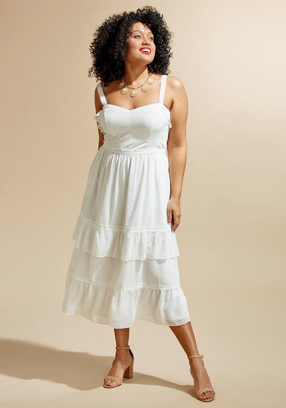  - In this white dress from our ModCloth namesake label, you're the picture of bliss! Beautifully touched with boho-inspired details like crocheting at the straps, waist, and skirt, ruffled tiers cascading down toward the hem, and sweet Swiss dots. Flourishe