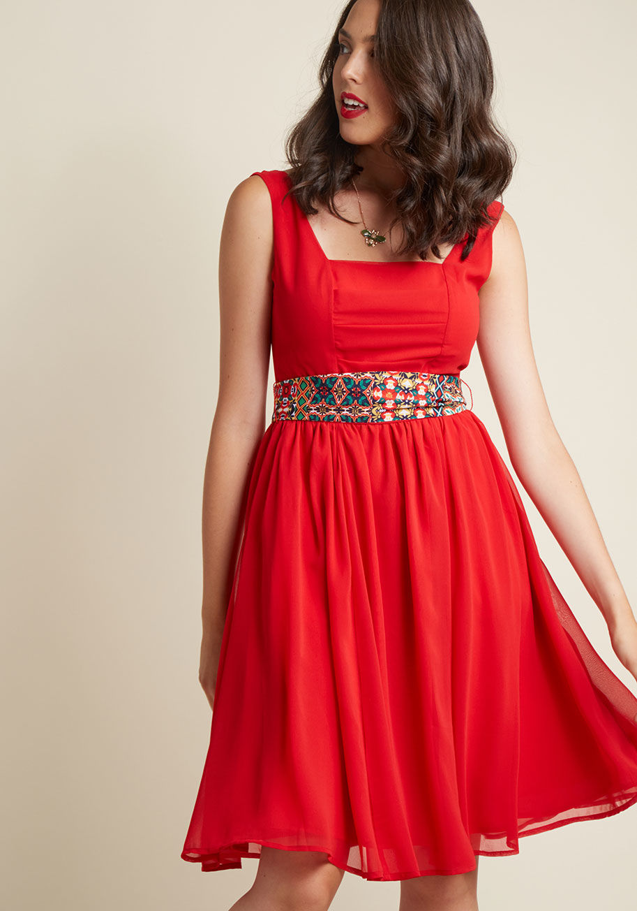  - In those moments where a marvelous look is a must, you know you can turn to this red dress to make a statement! Substantial straps, a pleated bodice, gentle gathering around the waistline, and pockets contribute to this A-line frock's allure, but the tile