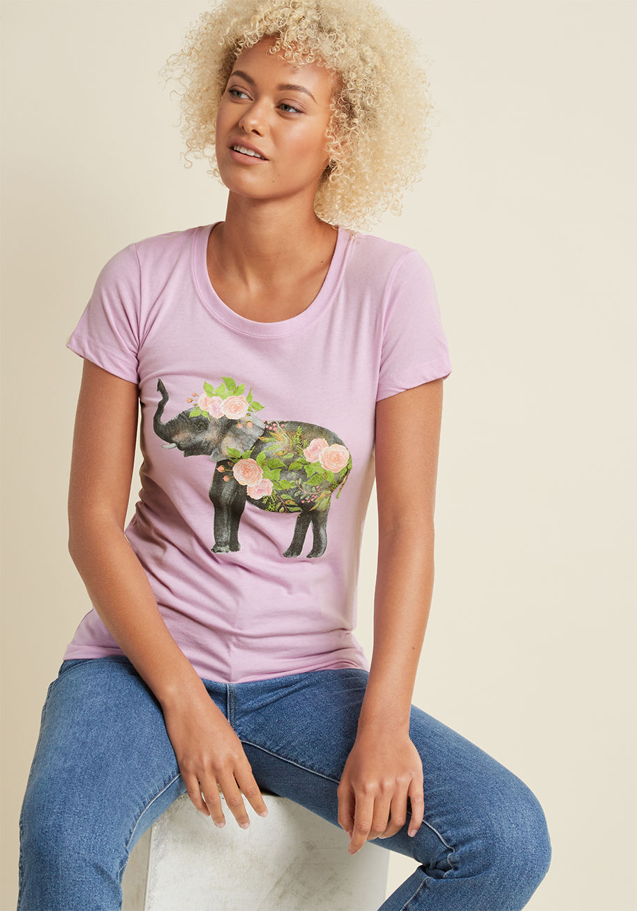  - In your eyes, there's no style sweeter than a blossoming nature scene. In the case of this ModCloth-exclusive tee, it's one of nature's largest creations - an amazing elephant - that blooms beautifully for all to admire! Adorned with berry-filled vines an
