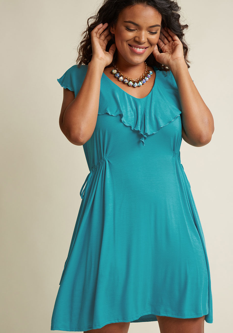  - Incredibly comfortable and perfectly playful, this black dress from our ModCloth namesake label checks off two of your outfit must-haves with sweet simplicity. A ruffled neckline that extends to charming cap sleeves pairs up with drawstring-tied sides, le