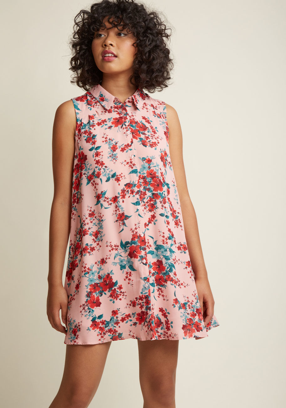  - It isn't fate bringing this dusty rose shift dress to your summer vacay wardrobe - it's your own amazing tastes! Discerning how delightful the jade and red florals, swingy mini silhouette, and lightweight material of this Jack by BB Dakota dress really ar