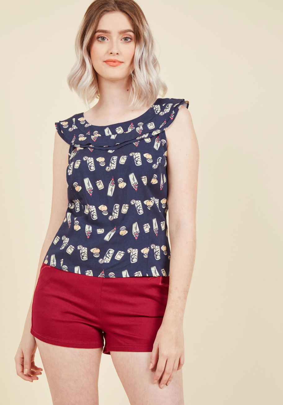  - It's fun to imagine how each adorable detail of this navy top from our ModCloth namesake label will make you feel! We venture to guess that this blouse's ruffled neckline tiers, button-up back, and quirky cocktail print will bring out your excitement for 