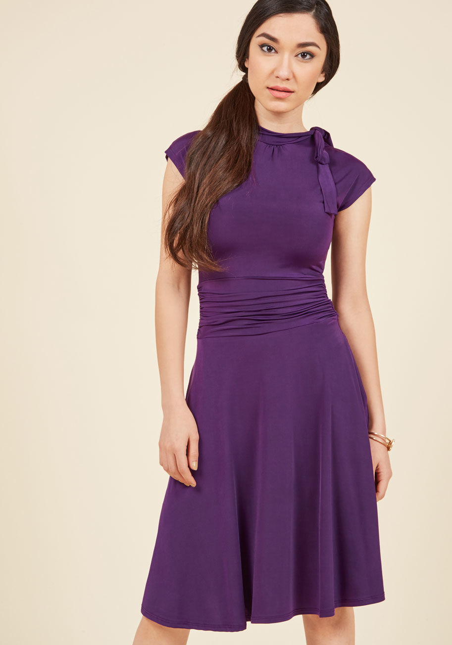  - Jump into this cerulean, polka dot frock and meet your darling on the dance floor! The bow-topped neckline of this ModCloth-exclusive look bounces with your every tango step, while the ruched details hug your waist as you flash your footwork! With a retro