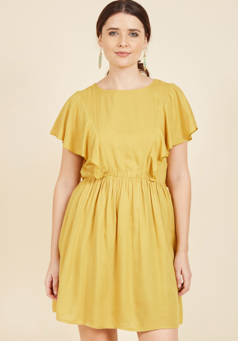  - Just when you thought your craving for flowy frocks could never be satiated, this goldenrod dress falls onto your radar and sweeps you away! Draped, ruffly sleeves elevate this woven A-line by Compania Fantastica from simple sundress to total sartorial st