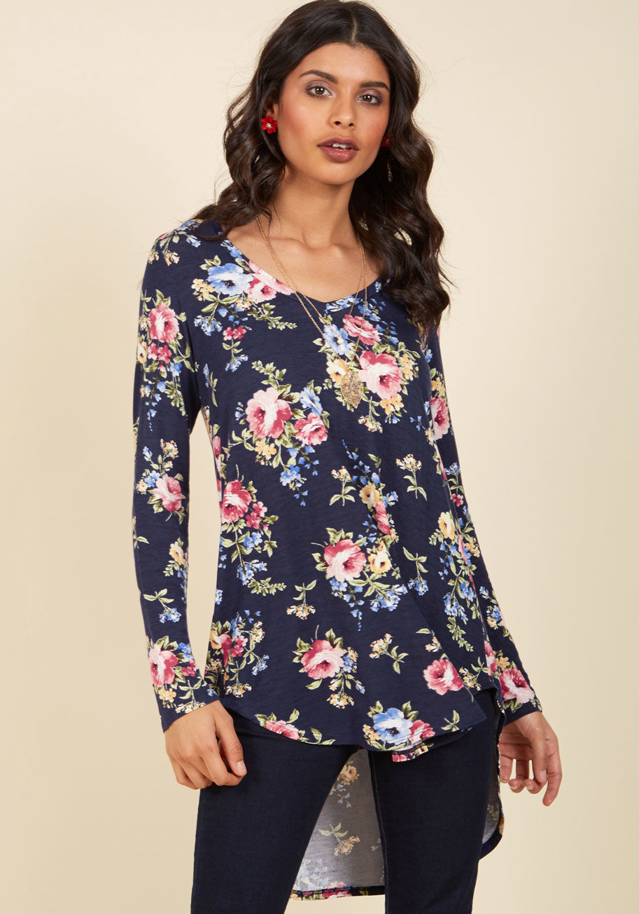  - Layer it on or let it stand alone as the star of your outfit - however you style this black floral tunic, you're bound to look adorable! With a V-neck, a soft jersey knit, and a curved high-low hemline, this long-sleeved top - a ModCloth exclusive! - take