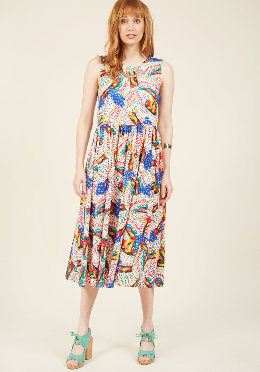  - Let&rsquo;s hear it for this printed midi dress from Pepaloves! Tactfully gathered at the waist, tastefully flaunting a back cutout, and festively covered