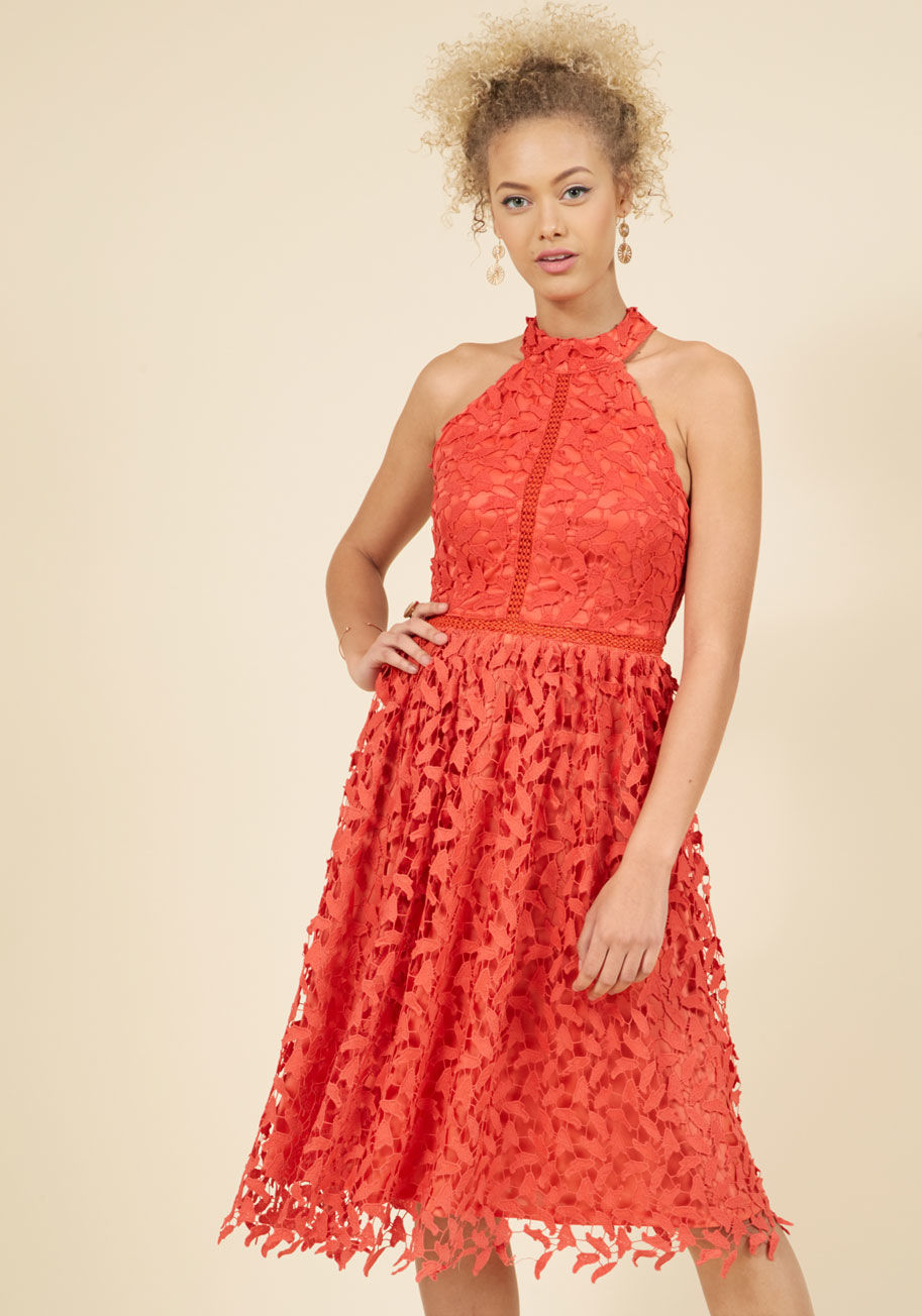 - Looking for the epitome of sophisticated style? Dictionaries need not apply here, for this ModCloth-exclusive midi dress does the job! Red-orange lace leaves dance atop this frock's knit backdrop, as its high neckline and bodice sectioned by diamond trim 