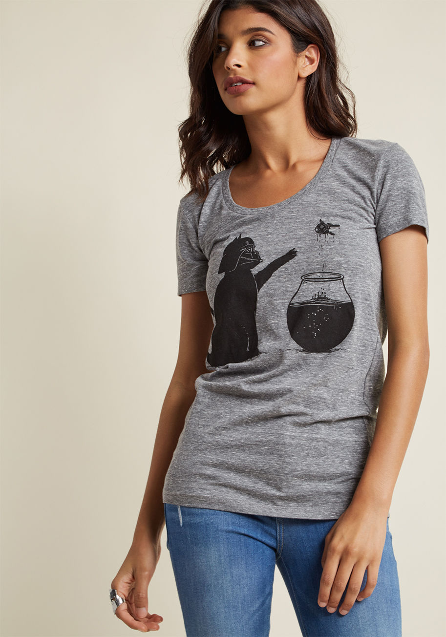  - &lsquo;Paws&rsquo; for a moment and check out all that this scoop neck top has to offer! Get a feel for its soft, mottled grey knit, which says, &ldquo;Wear me all day!&rdquo; You'll learn that the best part about this shirt is the black graphic of a misc