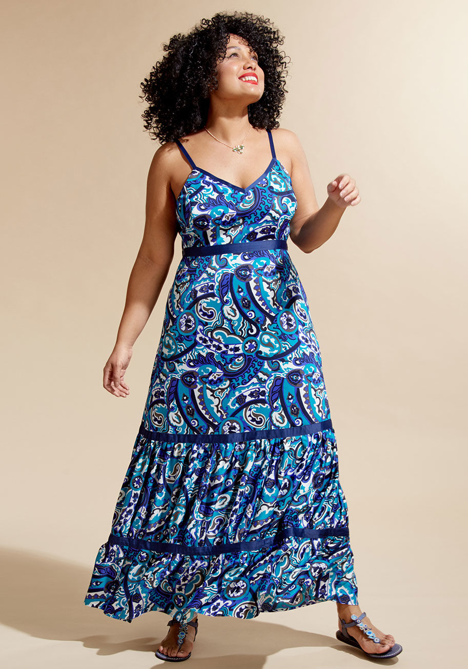  - Pair the aqua, cobalt, and white palette of this incredible maxi dress with a swift sway to the beat, and you'll leave everyone breathless! A nostalgic offering from our ModCloth namesake label, this hammered satin gown combines paisley-printed creativity
