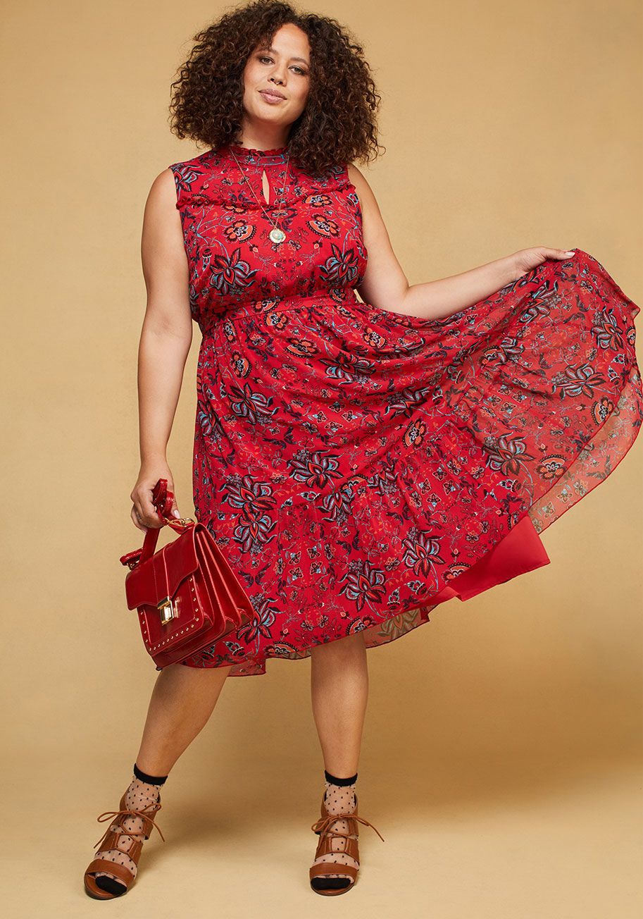  - Pay attention to the details of this ModCloth namesake label dress! After all, it's not every high neckline that's embellished with a ruffled yoke and front-and-back keyholes, nor is it every midi hemline that's sweetened up with a single tier. Patterned 