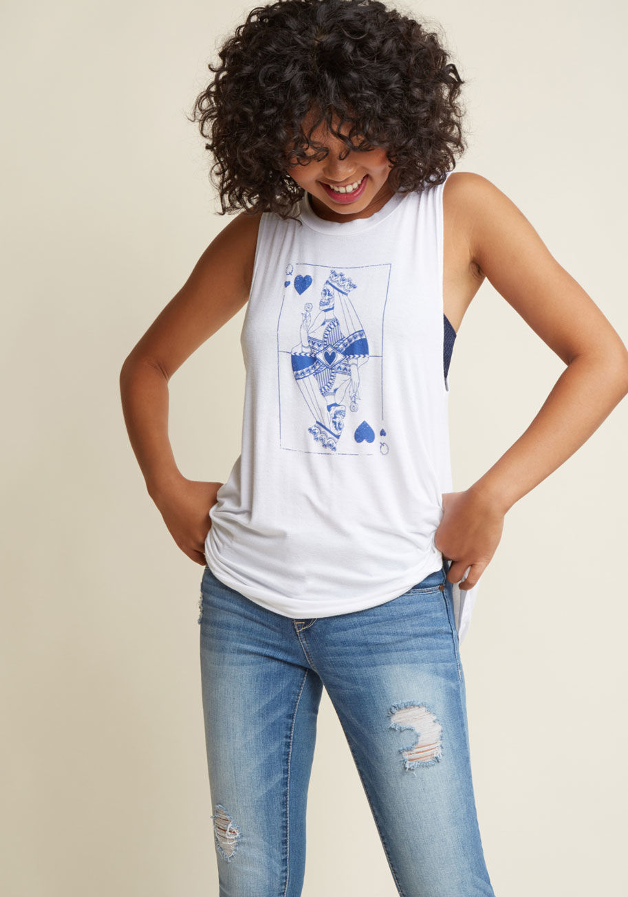  - Play your cards right and the macabre Queen of Hearts reigning over this white tank top will rule your wardrobe 'til the end of time! A ModCloth exclusive starring a blue graphic and a comfy jersey knit, this top makes a winning style statement.