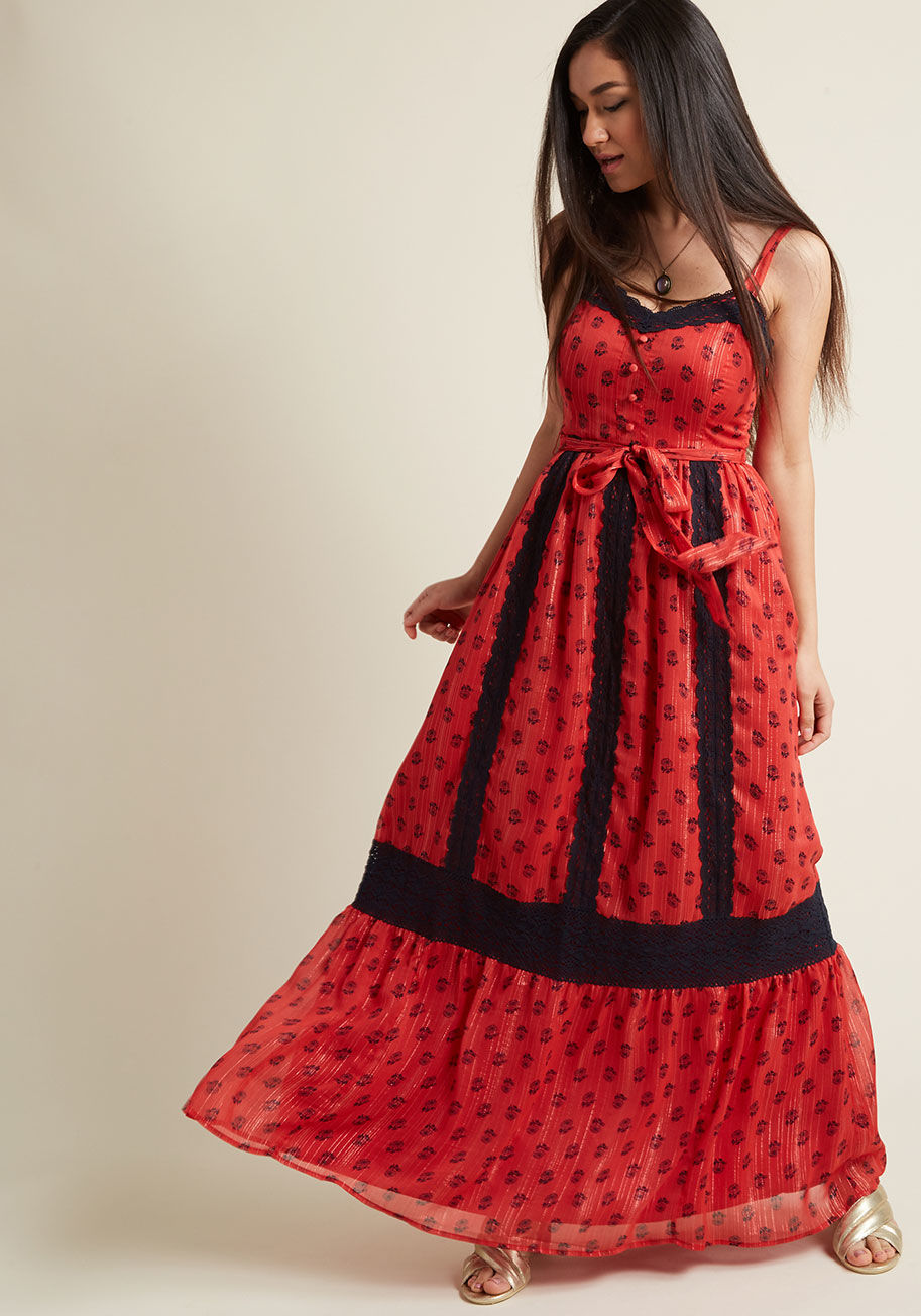  - Pretty, pastoral, and a pinch of glamorous - this red maxi dress from our ModCloth namesake label is all of those, and so much more! In addition to navy blue trimmings to match its retro floral print, this elegant number touts sparkling gold threads from 