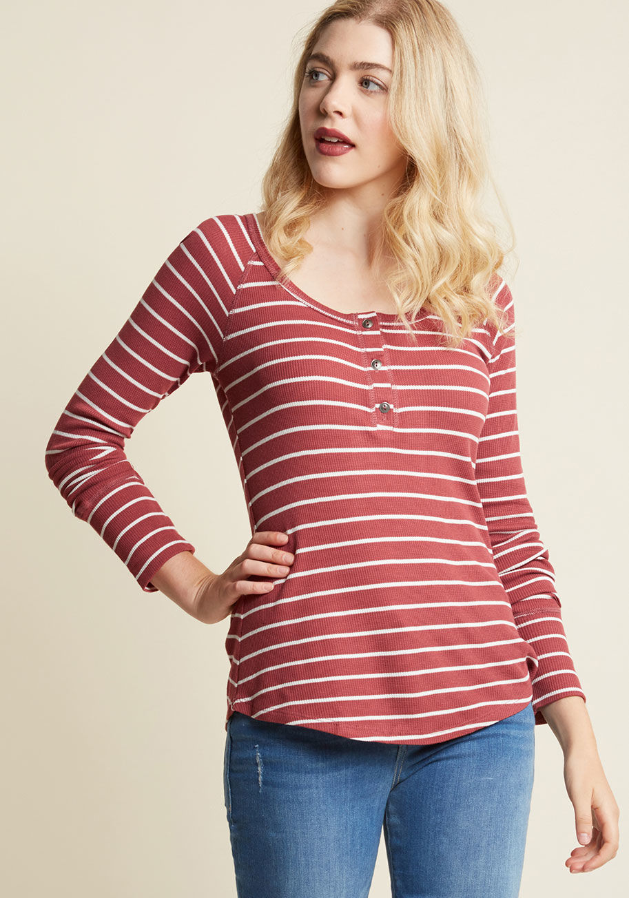  - Refresh your layering game with this brick red henley from our ModCloth namesake label! A wide neckline, pewter-style buttons, and playful white stripes atop snuggly waffle knit fabric equip this long-sleeved piece with infinite outfitting potential.