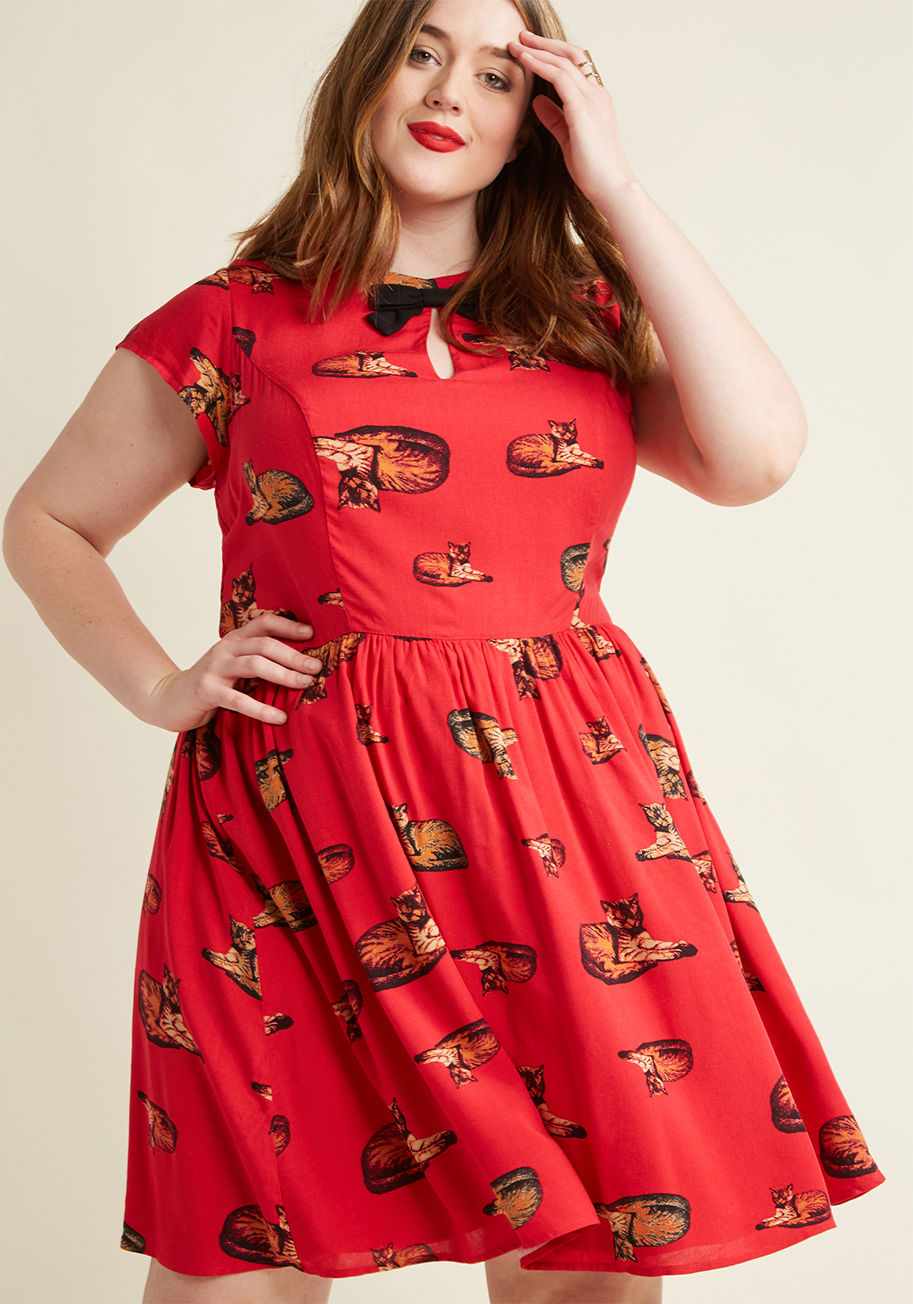  - Retro frocks just don't get more darling than this red dress - a proud part of our ModCloth namesake label! Once you slip into this A-line's cap sleeves - positioned on either side of its black bow and adorable keyhole - its princess seams, and its precio