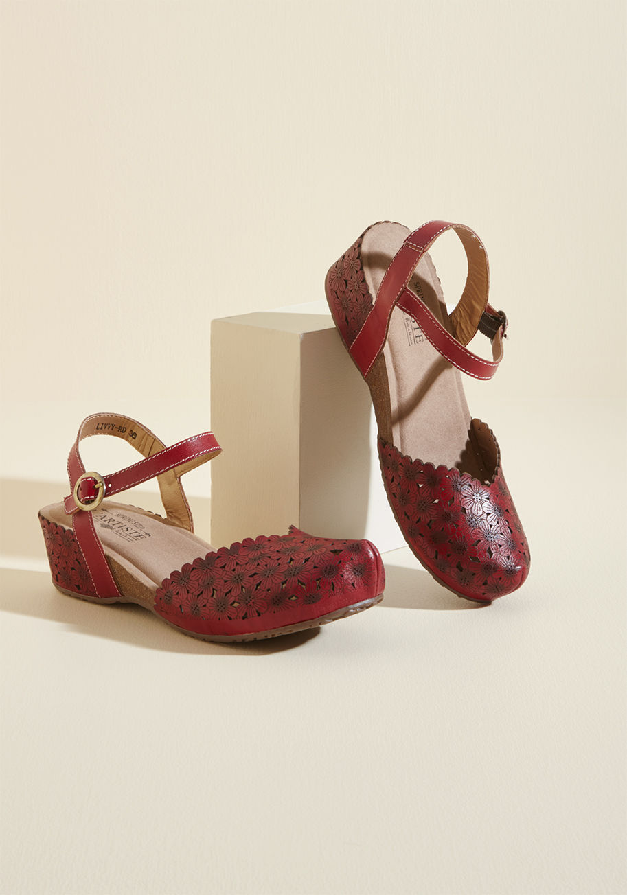  - 'Salut' to the sweet way these sunflower yellow wedges can wash away the woes of a long day with their loveliness! The field of florals on this leather pair&rsquo;s pointed toes and heels gives off a folk art vibe, while cushioned insoles and buckled ankl