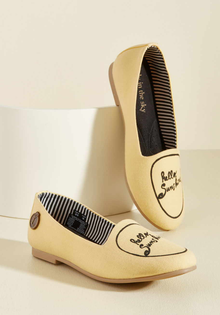  - Serendipitous meetings with friends and family are such special surprises - now, you can greet your acquaintances with a shining smile, a happy hug, and these yellow fabric flats by Loly