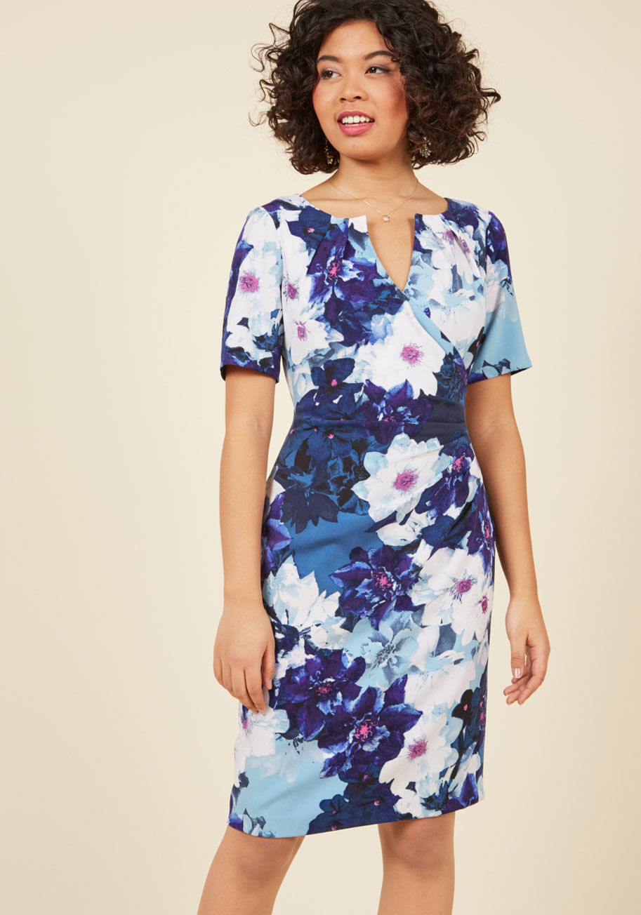  - Shall we define this floral sheath dress from Adrianna Papell as elegant, eye-catching, or exquisite? When it comes to the notched neckline framed by pleats, thoughtful side ruching, and cool-toned palette of this short-sleeved stunner, all favorable term