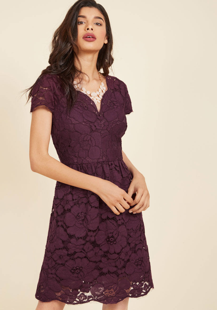  - Show off your peerless panache by donning this purple lace dress! Featuring a V-neckline, cap sleeves, and scalloped hem that each give way to super-feminine eyelash fringe, this ModCloth-exclusive stunner by Wendy Bird offers an elegance that simply cann