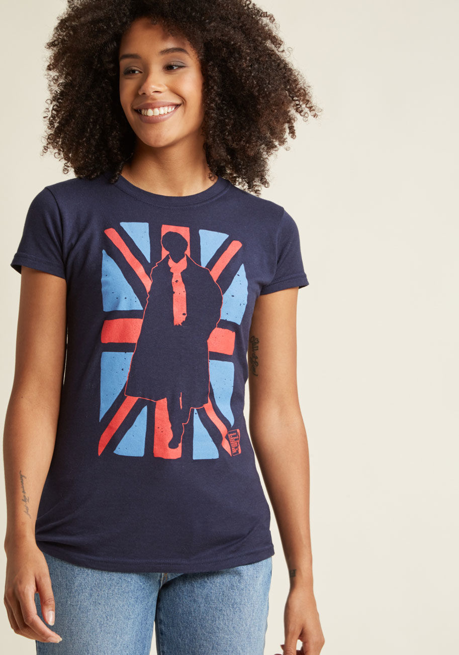  - Solve the question of how to dress on a Monday by unveiling this navy blue tee. Its cornflower-and-red screen print stars a bold Union Jack motif