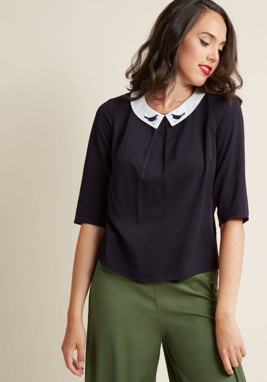  - Some things will never change - like your love for quaint clothes like this navy blue blouse! Charmingly boasting bluejays embroidered into its white collar, a sweet center pleat, and 3/4-length sleeves, this keyhole top by Sugarhill Boutique is evidence 