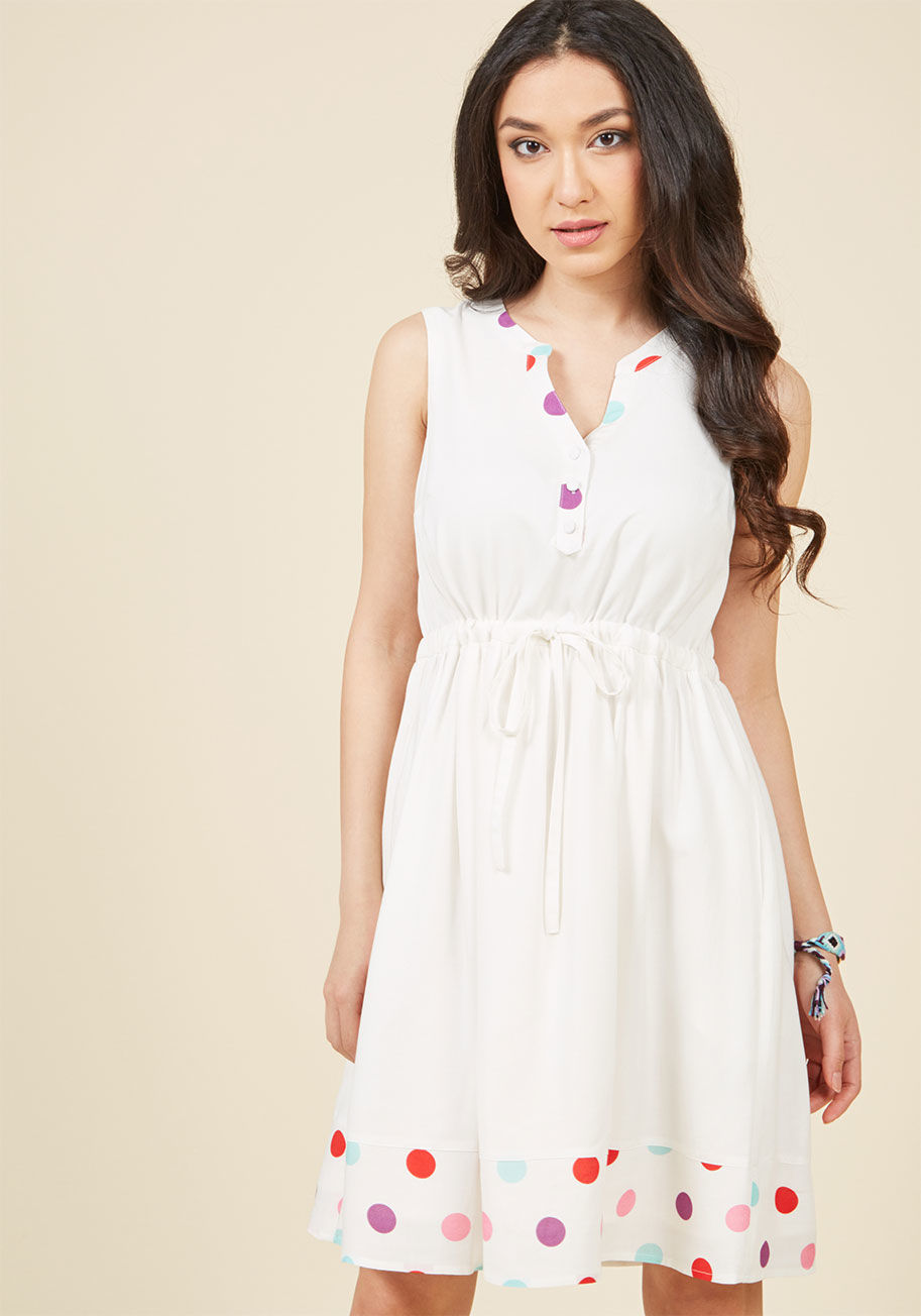  - Sometimes it takes work to make a garment feel all your own, but never with this white shirt dress from our ModCloth namesake label! A drawstring-cinched waist and a matching neckline, placket, and hem printed with pastel polka dots pack this pocketed fro