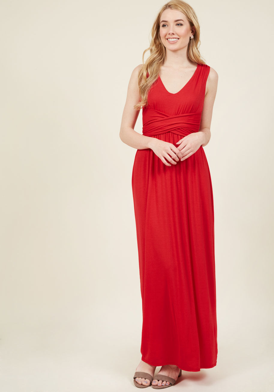  - Style props are given where they're due, so for every way you reinvent this red maxi dress, a wave of accolades is guaranteed! A versatile beauty from our ModCloth namesake label, this soft knit number is made distinctly creative with a buttoned open back