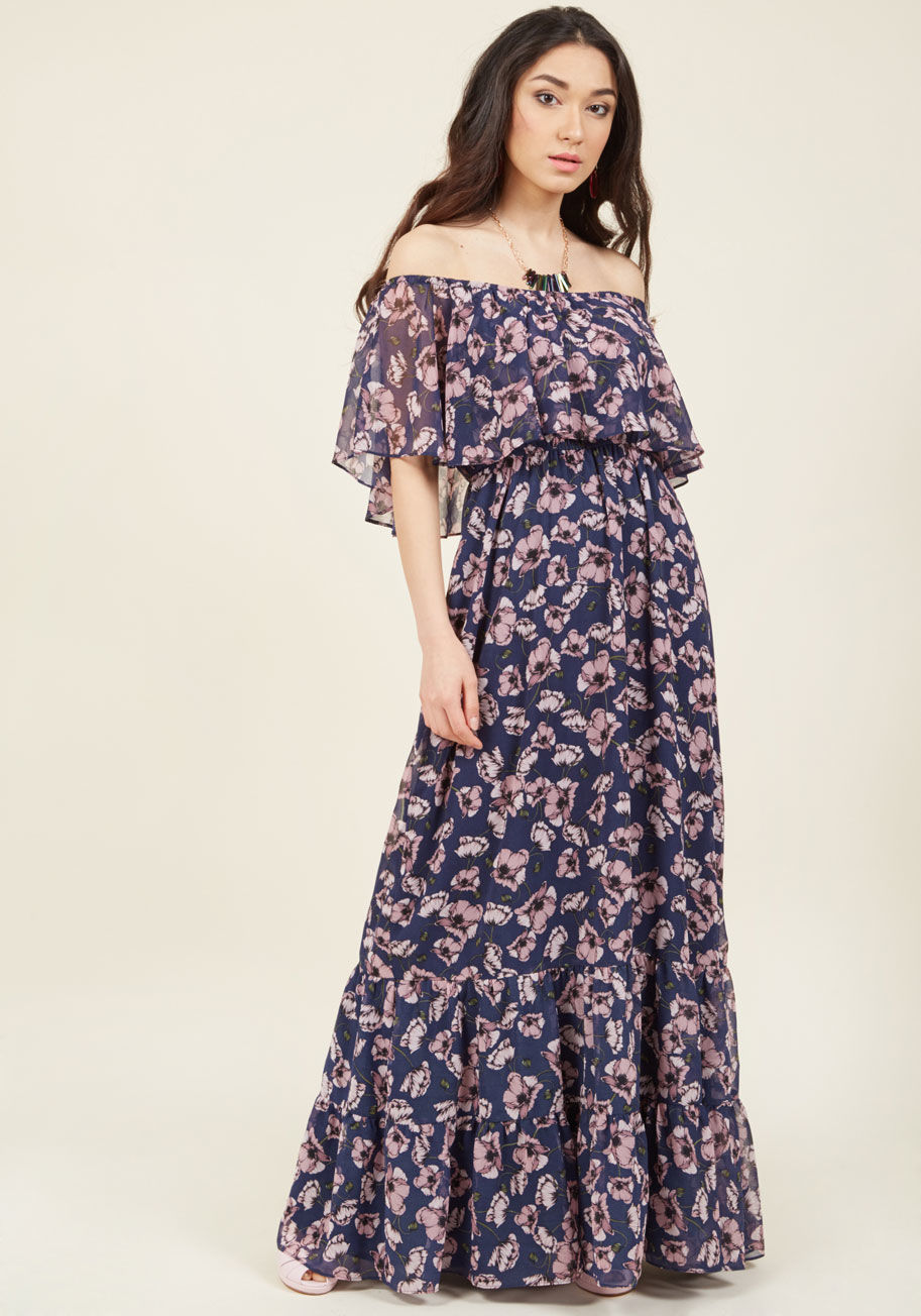  - Taking this navy maxi dress out on the town isn't just debuting a bold new look - it's opening yourself to becoming a modern-day muse! Ruffles at the off-the-shoulder neckline and hem of this chiffon gown by Donna Morgan will captivate the crowds, while i