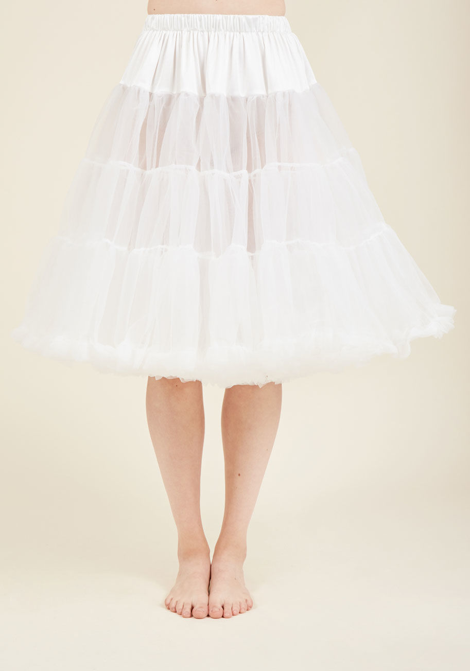 Thanks to this classic white petticoat, your sprightly skirts and dresses bob with whimsy and vivacity. This ModCloth-exclusive petticoat features a comfortably elasticized waistband, flirty ruffles, and two full layers of tulle that are smooth to the tou by 