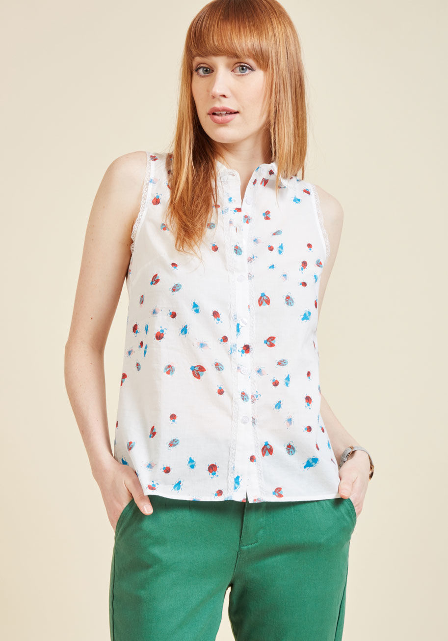  - That smile that forms when you're feeling confident? This white blouse will keep it going strong! Polished with a peppy collar and delicate lace trim, this cotton button up from our ModCloth namesake label brings out your best self.