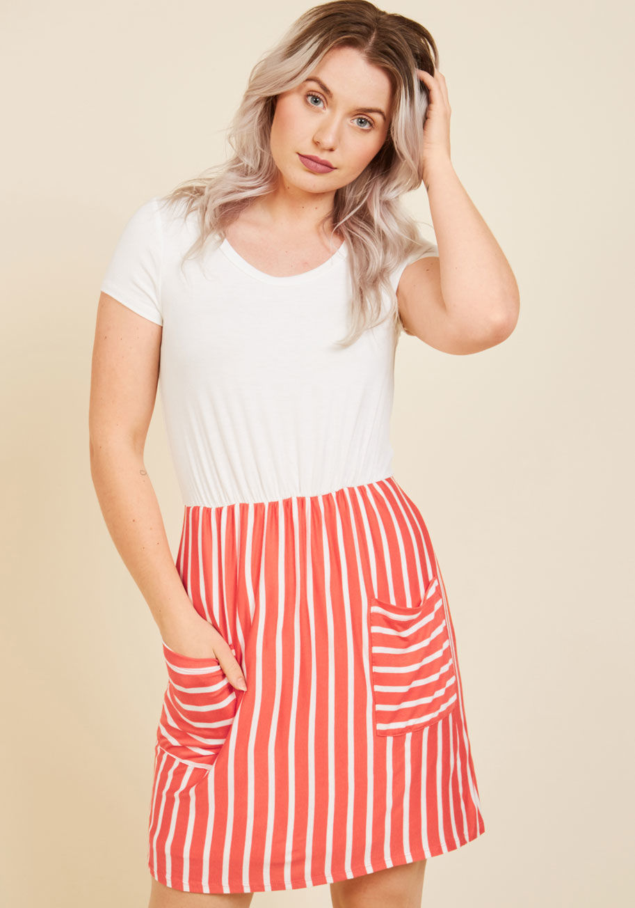  - The day's events could take many turns, but as long as this twofer dress is included, serenity is a guarantee! Simple to style and a breeze to wear, this ModCloth-exclusive frock happily lends its black, scoop neck bodice, striped white skirt, and pockets