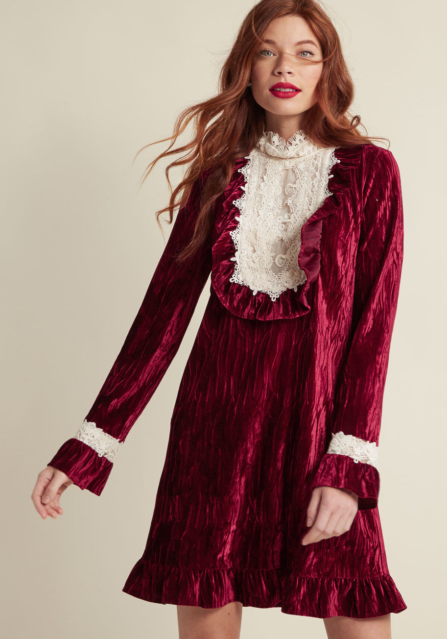  - The layered ivory lace and crinkled burgundy velvet combined to create this Anna Sui shift dress highlight your bold style all