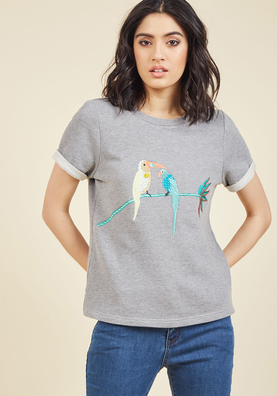  - The moment you bring this grey pullover into a room, expect the conversation to be all about your twist on tropical style! This darling from our ModCloth namesake label combines French terry fabric with cuffed short sleeves, thoughtful beading, and two em