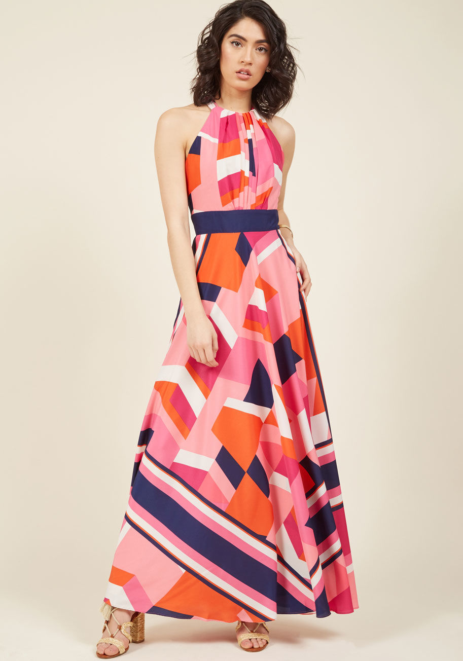  - The moment you slip into this Eliza J. maxi dress, you transform into an artistic masterpiece. Promoting the craft of fashion with a tied back keyhole, a pleated neckline, and a carefully designed colorblock pattern boasting magenta, rose, red-orange, ivo