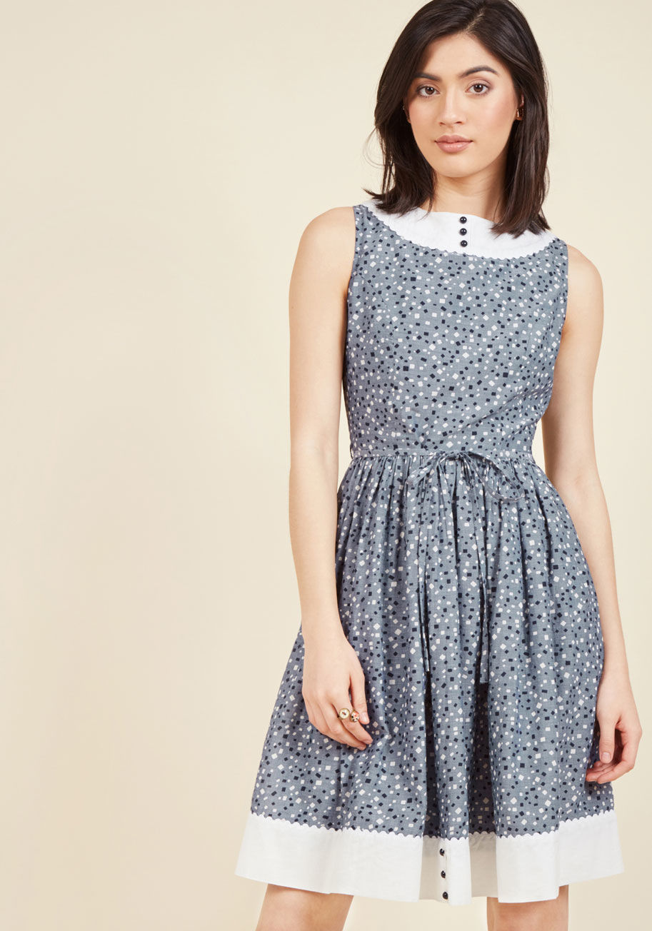  - The most adorable details of your style are on proud display via this slate blue dress! A ModCloth-exclusive offering, this black-and-white speckled beauty celebrates your fun and flirty characteristics with its dainty black buttons, scalloped white neckl