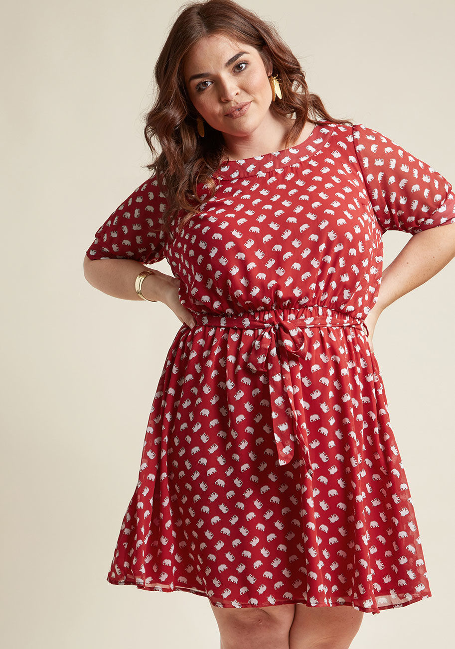  - The promise of a fresh coffee is the best part of a workday morning - well, it was, until this red dress arrived on the scene! Styling up the half sleeves, gathered and tied waistline, and white elephant print of this ModCloth-exclusive frock will leave y