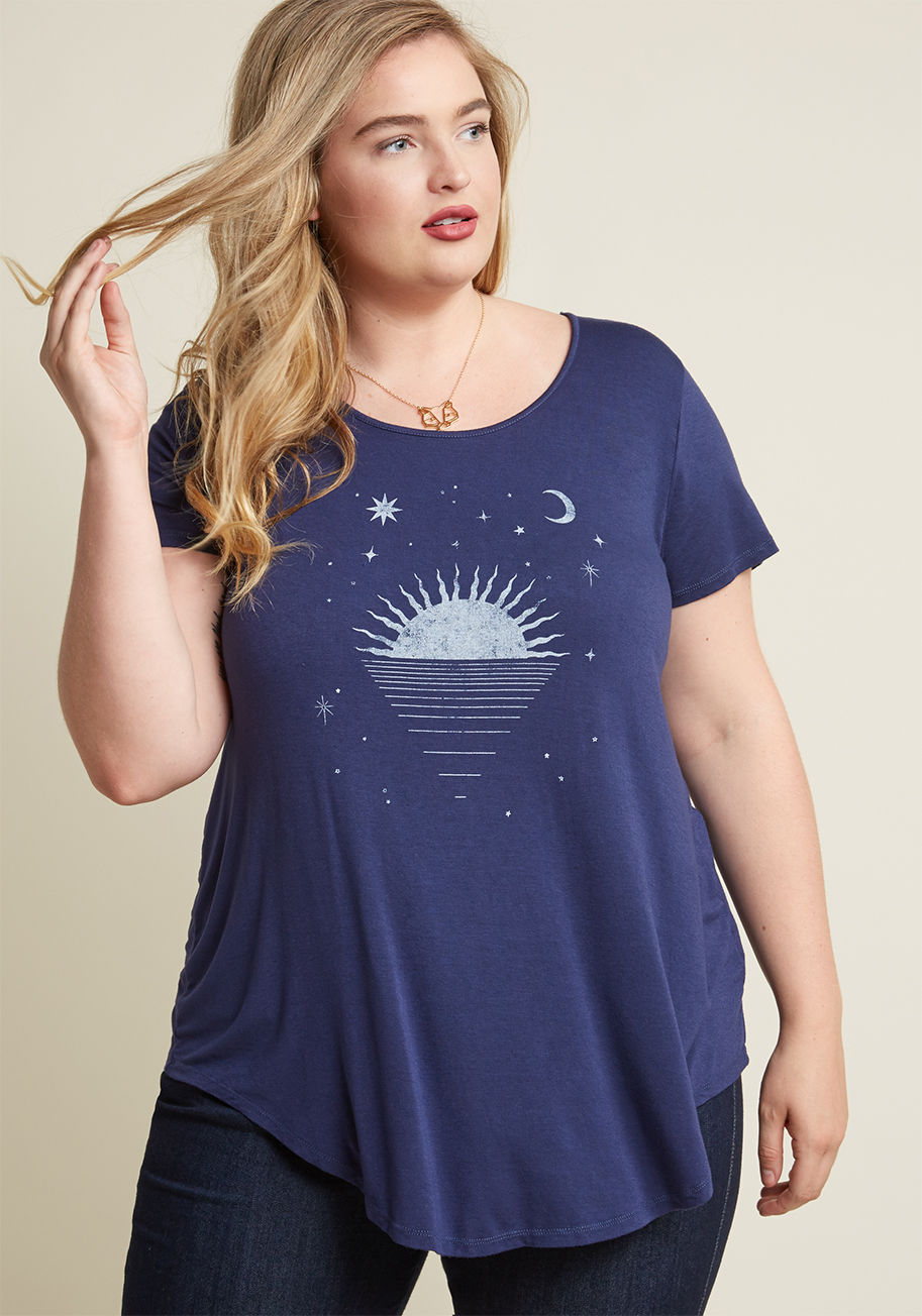  - The soft white graphic of this navy blue top eases you into a meditative mindset while you make tea and move to the sunroom. Calling to mind the starry sky, moon, and reflecting sun imagery this ModCloth-exclusive style displays, you dip into deep contemp