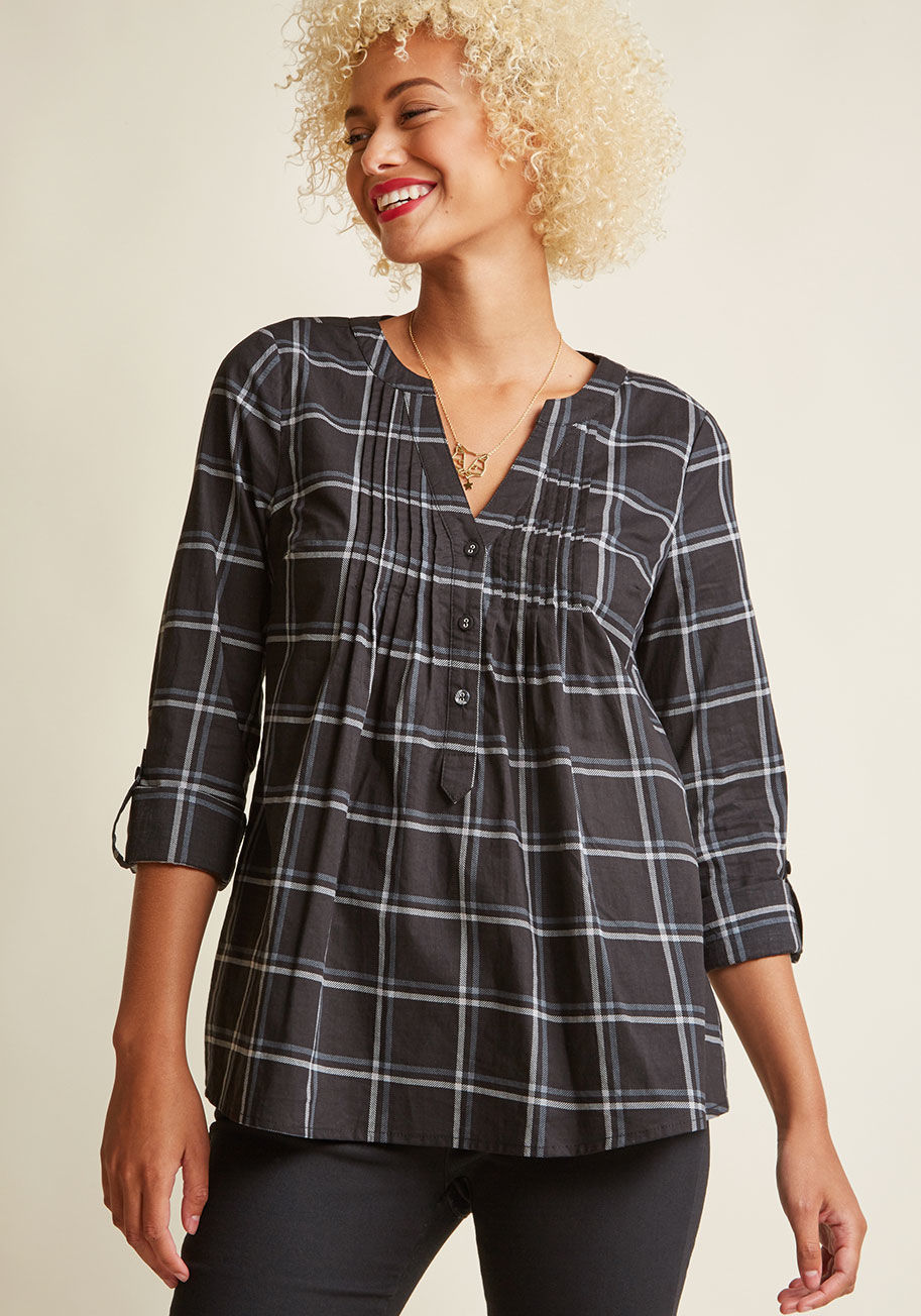  - There are so many ensemble possibilities to be discovered with this black top from our ModCloth namesake label! A henley V-neck framed by pintucks, tabbed sleeves, and a two-tone-grey plaid print imbue this casual pick with tons of style character, and ou