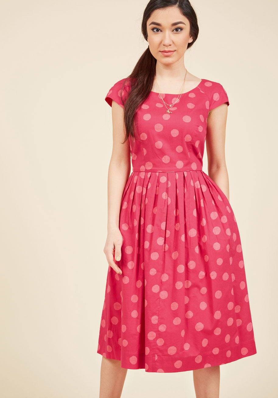  - There's a lot to love about this patterned dress by hard-to-find British brand Emily and Fin. In a sunset orange hue, this cotton A-line stars a ModCloth-exclusive print of flying cranes, a bateau neckline, and a pleated skirt, making this vintage-inspire