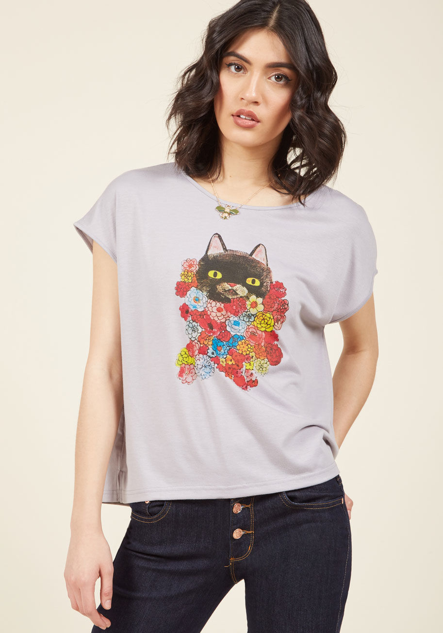  - There's no mistaking your quirky style sense when this knit top from Pepaloves is involved! A boxy, slub-fit cut crafted from ultra-soft fabric sets the stage for this grey tee's black kitty and floral print to shine, providing a look that clearly conveys