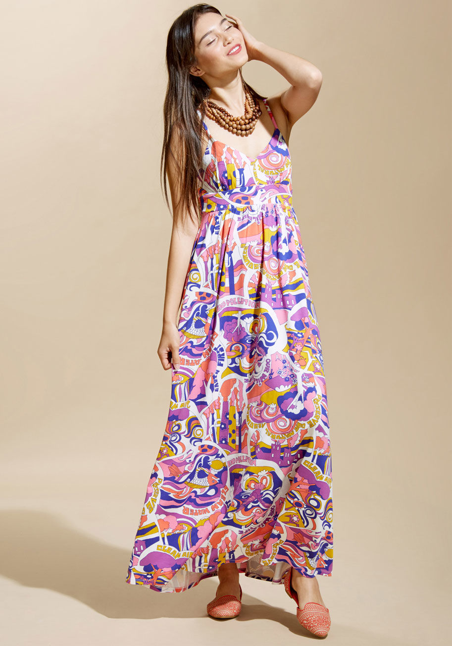 This colorful maxi dress from our ModCloth namesake label makes you instantly available to the camaraderie of other daring fashionistas! Printed all over with a pop-art inspired landscape calling for climate care by 