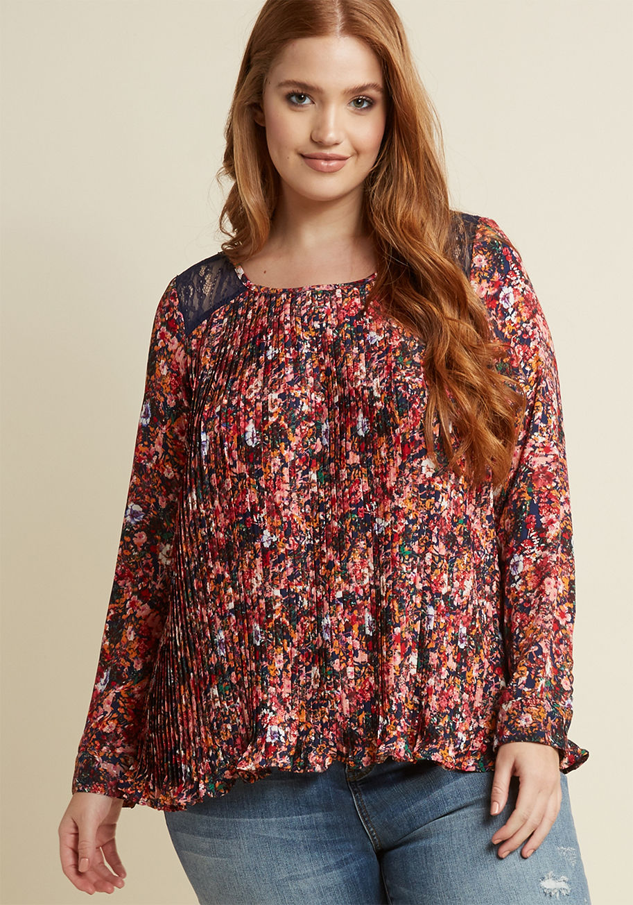  - This floral blouse is the best kind of throwback imaginable! Drawing on old school femininity with its red, pink, orange, and navy florals and touting eye-catching texture with a pleated body, this ModCloth-exclusive top is a total treasure. Plus, its she