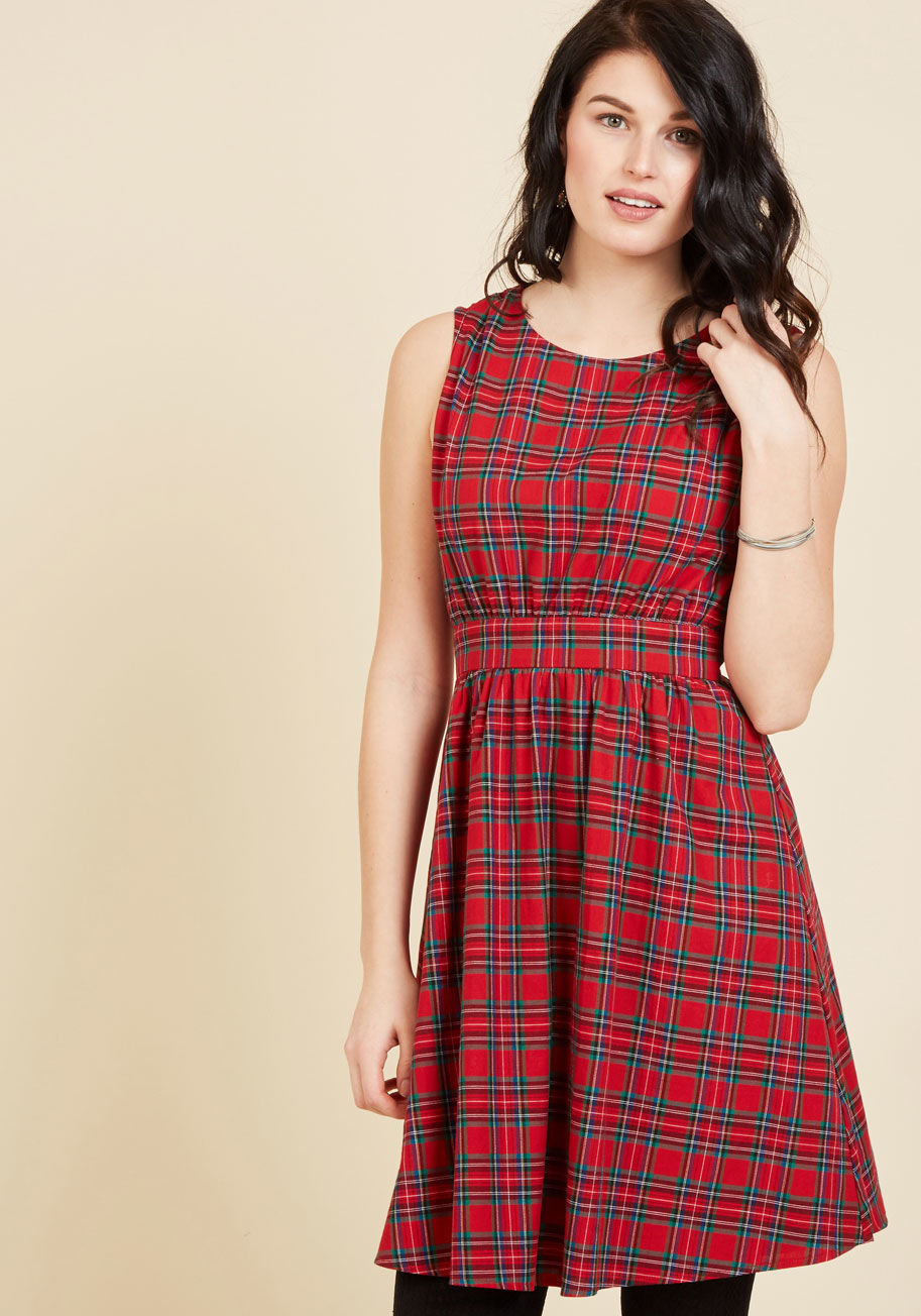  - This red plaid dress transformers passersby into personal style admirers with its engaging look! Lightly gathered at the shoulders to match its waistline and cut into an ultra-flattering, A-line silhouette, this ModCloth-exclusive number will have others 