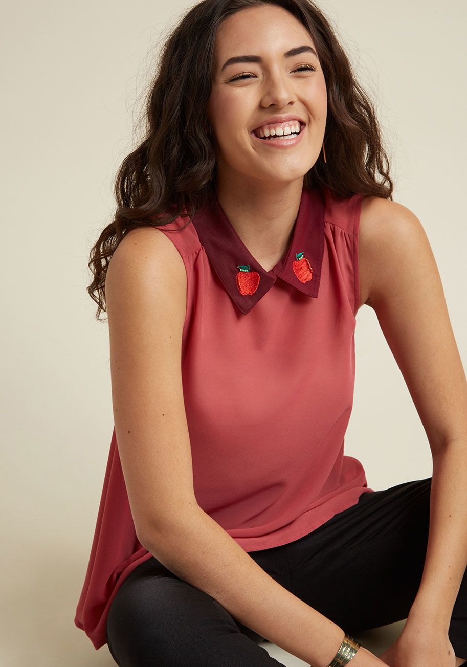  - This sheer, swingy tank top mixes a muted pomegranate hue with a quirky collar decal - how daringly dynamic! Part of our ModCloth namesake label, this chiffon blouse bolsters your boldness with its beaded apple embroidery, gathered shoulders, and tied bac