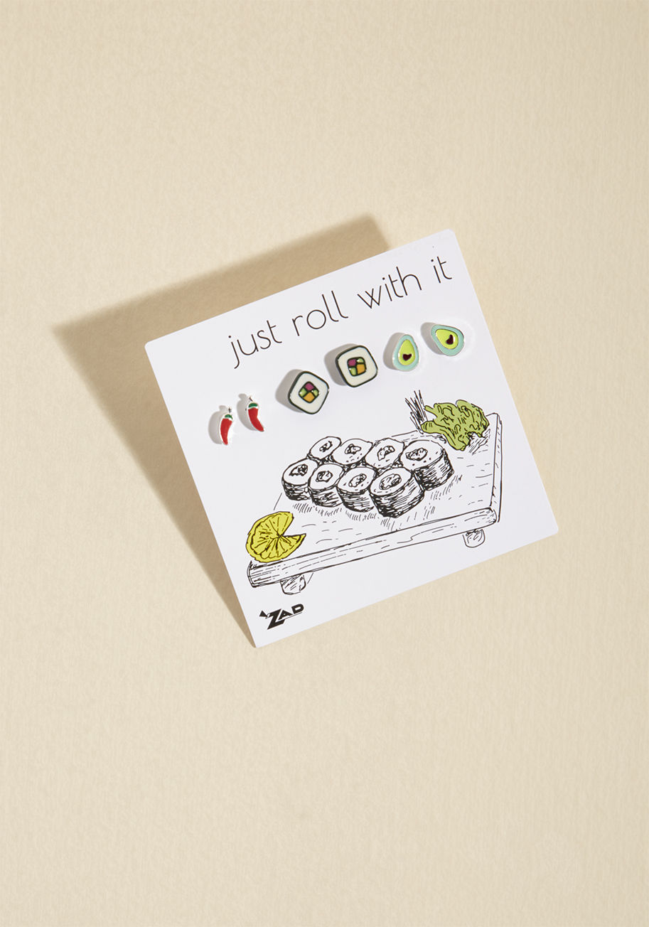 This sushi earring set is so darling and delectable, you won't believe your eyes! Pinch yourself all you'd like, and you'll find that the little red chilis, mini California rolls, and heart-centered avocados of this surgical-steel-posted collection are re by 