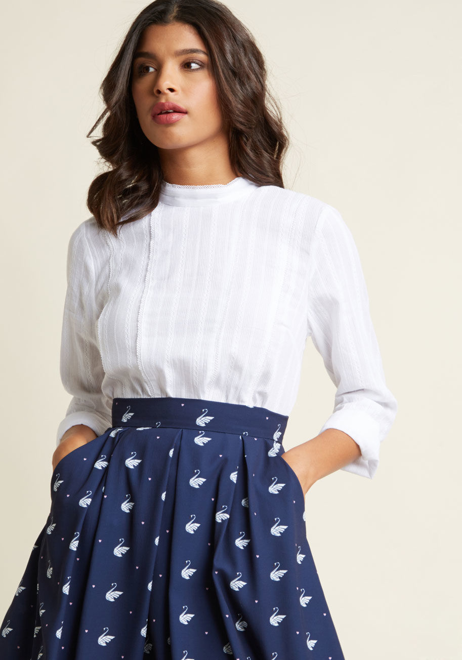  - This white blouse is every bit as radiant as it is refined. Experiment with all the many ways you can style this ModCloth namesake label top's sweetly trimmed mock neckline, delicate vertical embroidery, and subtly semi-sheer cotton material. Enclosed wit