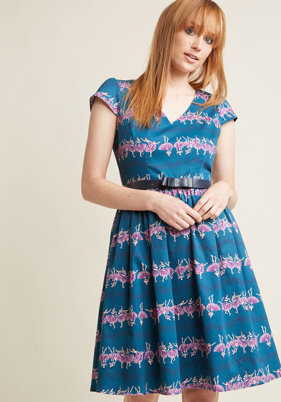  - Though your tastes may change with the seasons, this vibrant A-line is a piece you&rsquo;re thrilled to flaunt all year &lsquo;round. Part of our ModCloth namesake label, this cap-sleeved midi features pockets and a stunning ballerina print