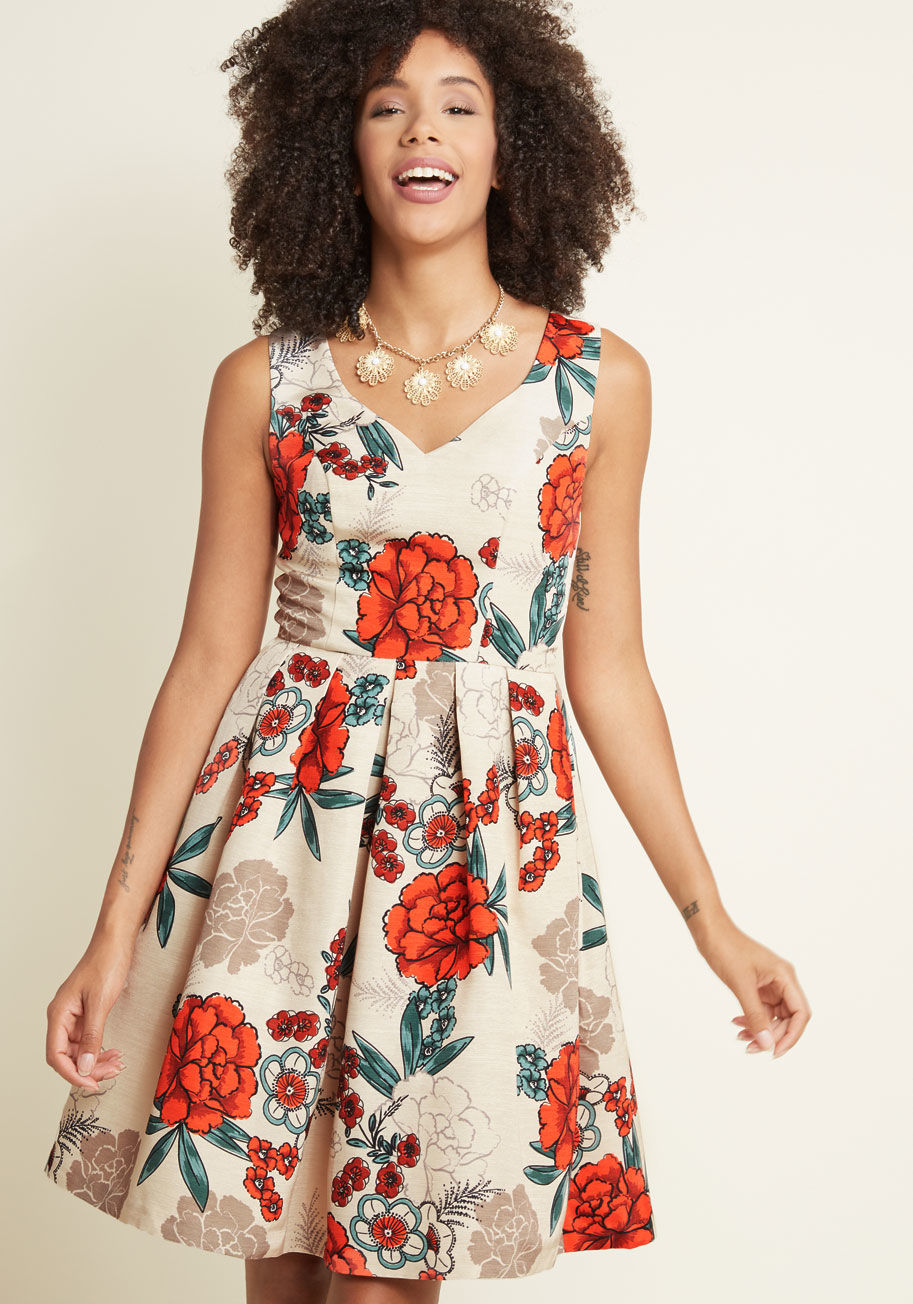  - We can&rsquo;t tell which of your accomplishments makes us more proud - your promotion or your posh styling of this ModCloth namesake label dress! Glamorously flaunting a grosgrain texture to its beige backdrop and bright red, muted green, and tan flowers