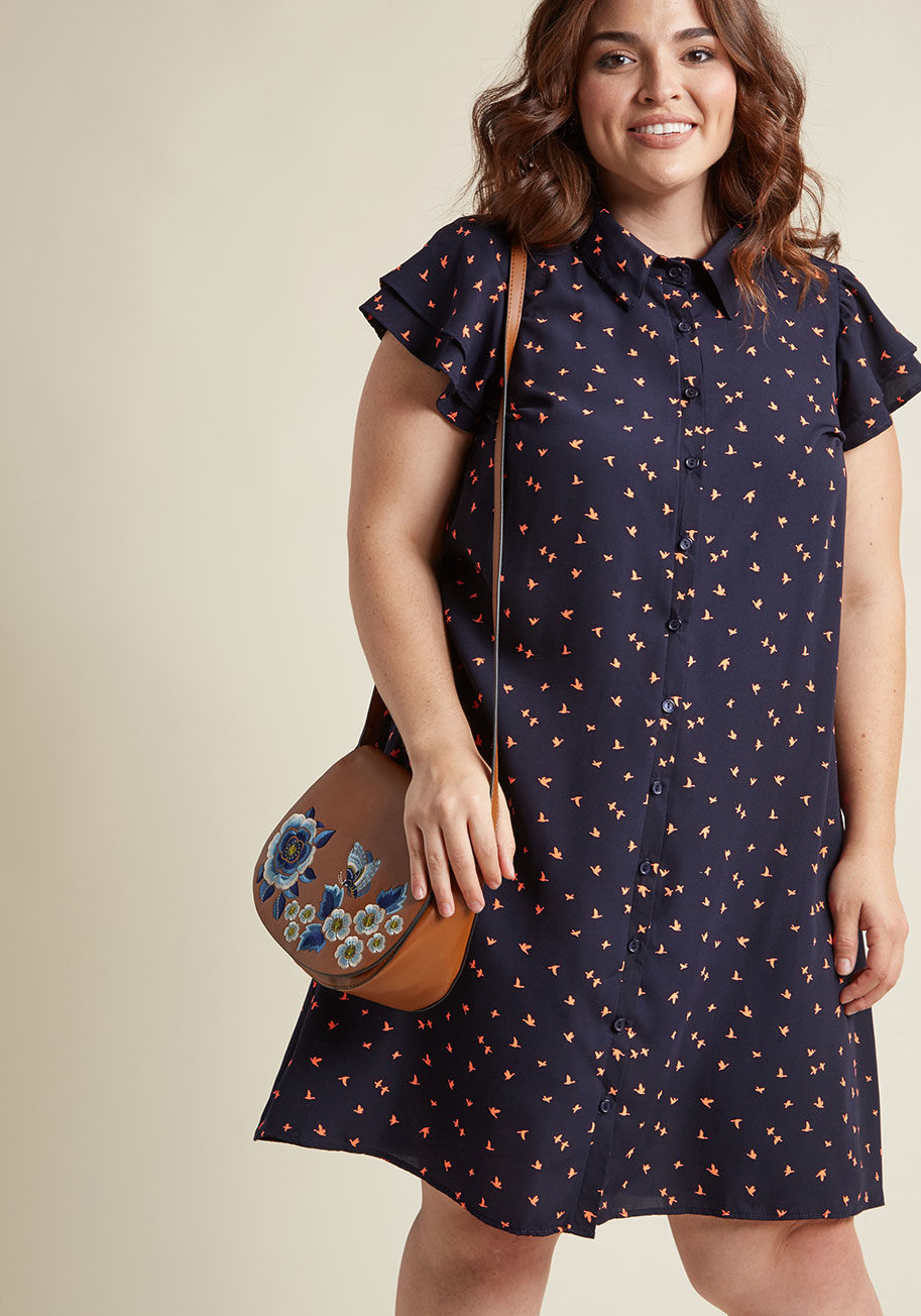  - Wear to work? More like 'wow to work! This navy blue shirt dress calls on a collar, tiered flutter sleeves, and an optional sash for waist-cinching to become the most marvelous part of your Monday. Plus, the red-orange bird pattern of this ModCloth-exclus